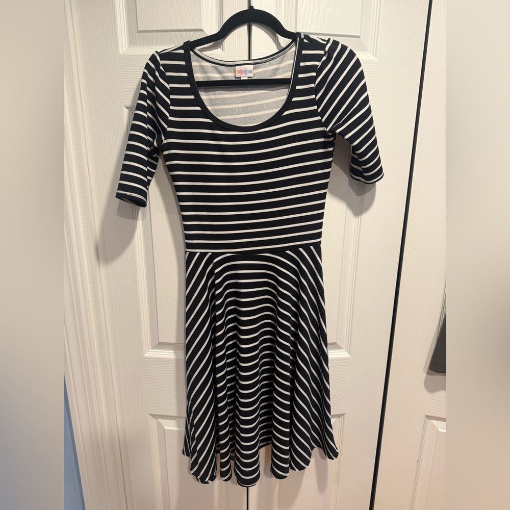 LuLaRoe Black and White Striped Midi Fit & Flare Dress